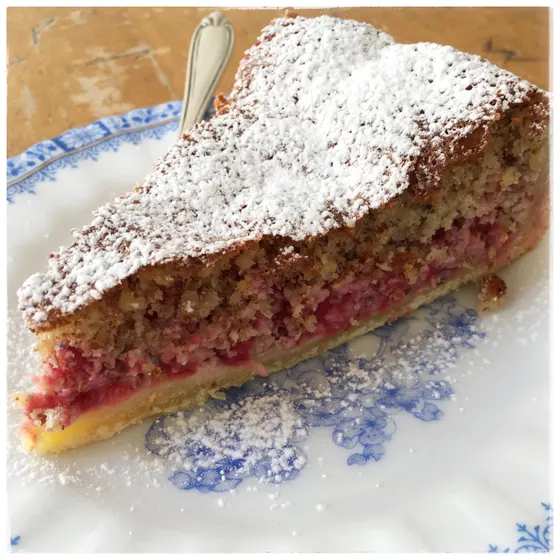 Ein Stück Streuselkuchen mit roter Fruchtschicht und Puderzucker auf blau gemustertem Teller